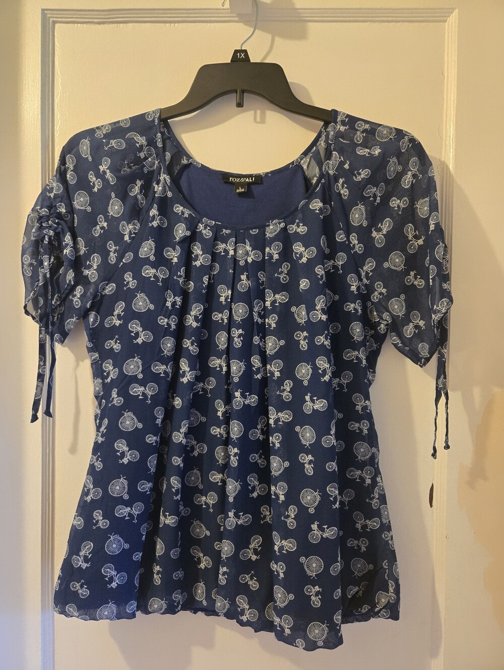 Roz & Ali Navy Blue Bicycle-Print Short Sleeve Blouse